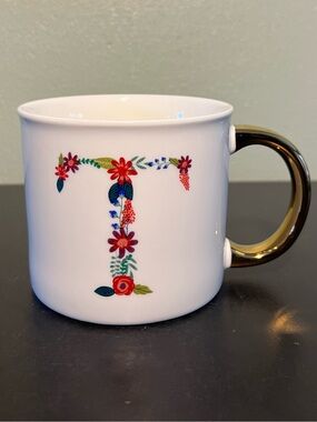 OPALHOUSE Floral Letter “T” Initial Monogram Porcelain  Mug ~  Gold Tone Handle